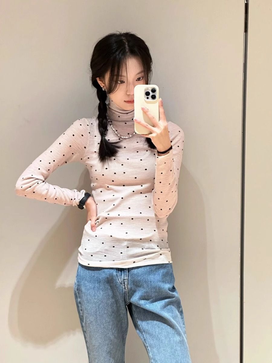 打底衫女冬季內搭針織衫上衣韓系小眾設計感黑色波點長袖高領T恤
