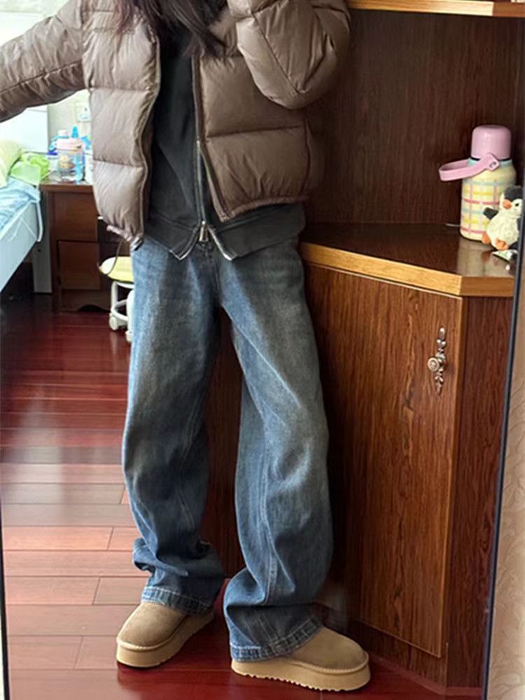 高腰復古闊腿牛仔褲女秋冬新款寬鬆顯瘦直筒垂感百搭拖地長褲子潮