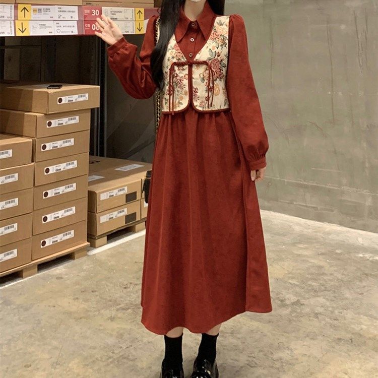 New Chinese-style Chinese-style women's winter suit, small, high-end wear, temperament shirt jumpsuit, fake two-piece skirt