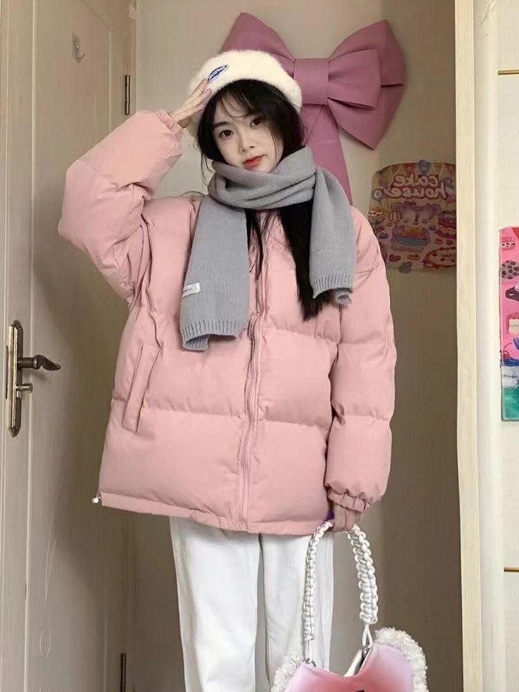 Korean version of thickened warm pink stand collar cotton coat for women 2023 winter new loose down cotton coat and jacket trendy