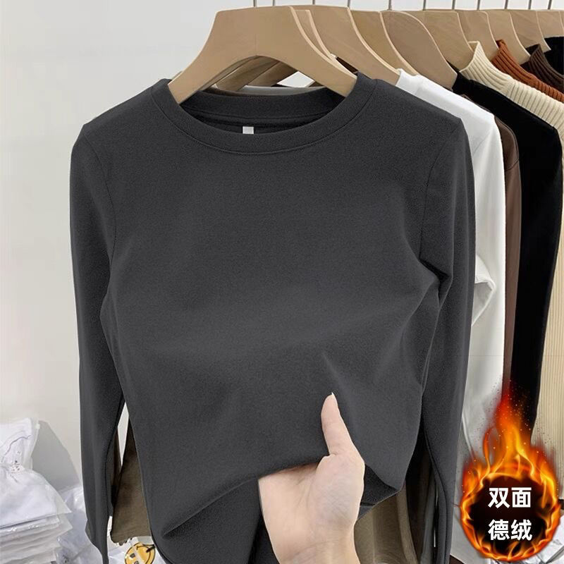 Plus size fat mm German velvet bottoming shirt for women in winter with round neck, loose and versatile thickened long-sleeved T-shirt warm top ins