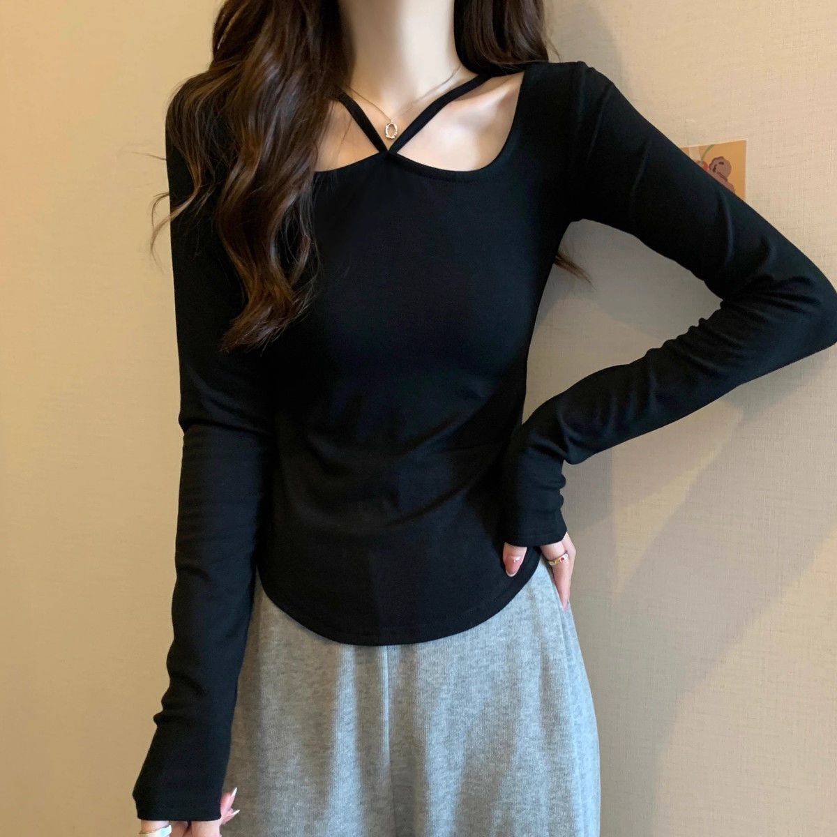 韓系純欲風掛脖高級感長袖T恤女胖妹妹性感修身顯瘦短款辣妹上衣