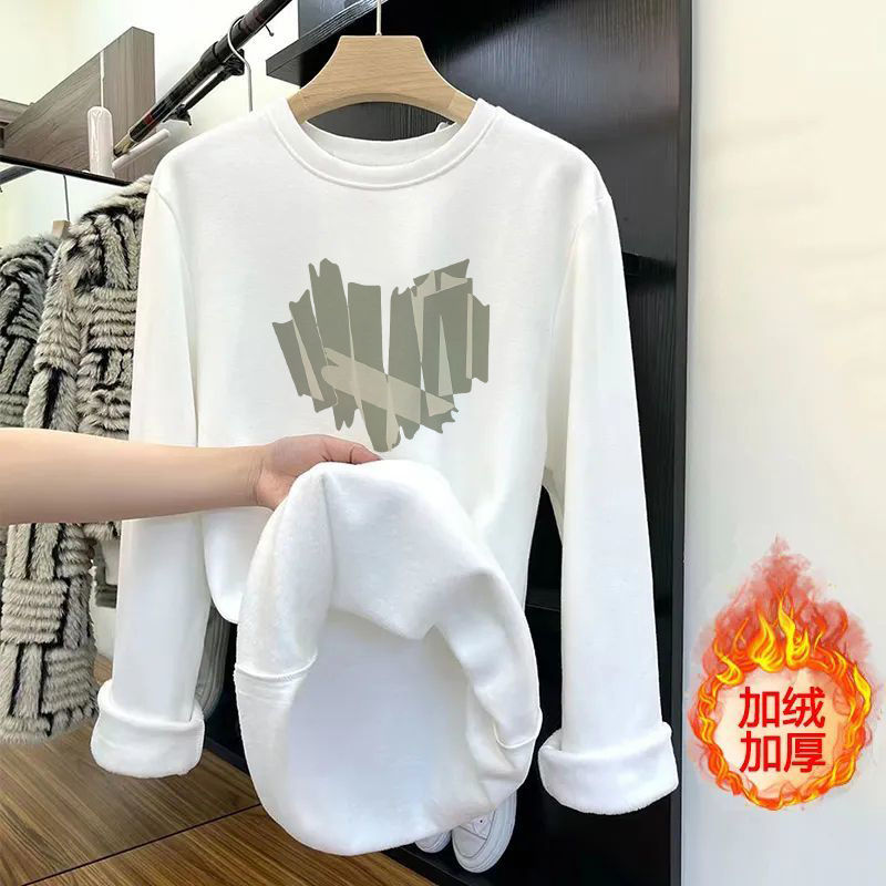 雙面德絨打底衫女圓領白色加絨加厚2023秋冬保暖寬鬆磨毛打底衫女