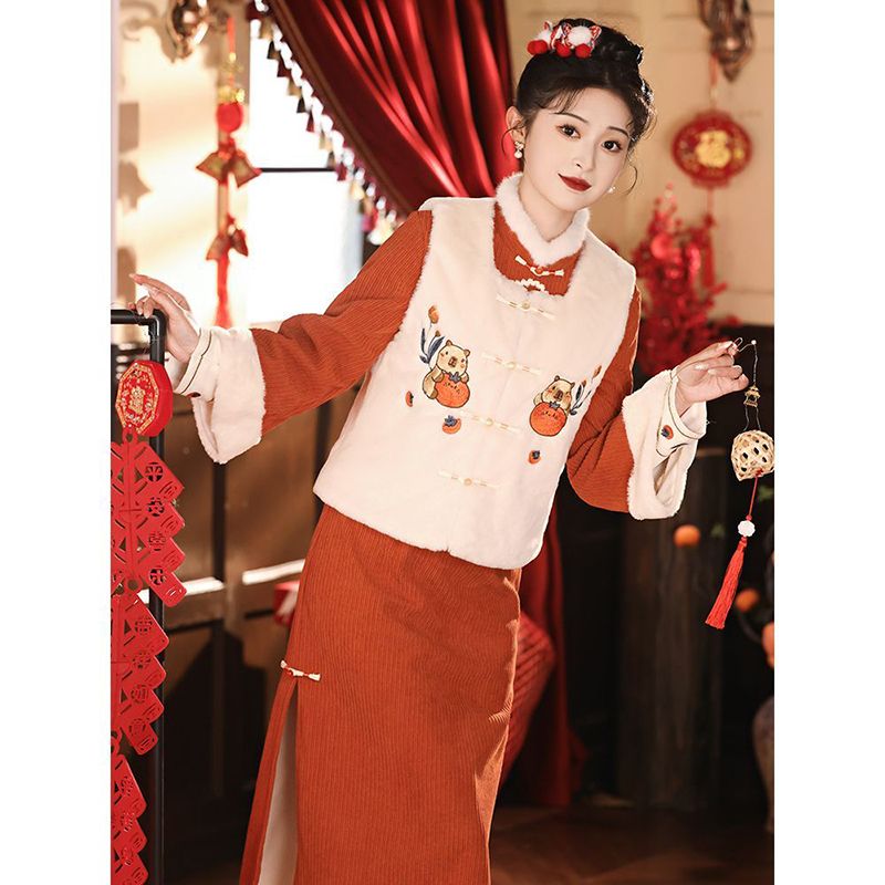 新中式旗袍2023新款秋冬季加绒厚马甲套装中国风拜年服新年战袍女