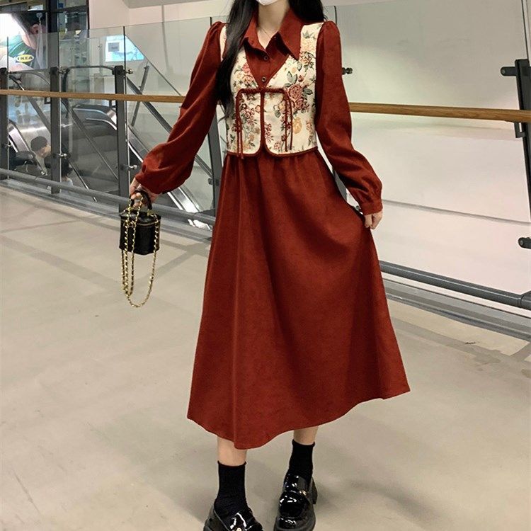 New Chinese-style Chinese-style women's winter suit, small, high-end wear, temperament shirt jumpsuit, fake two-piece skirt