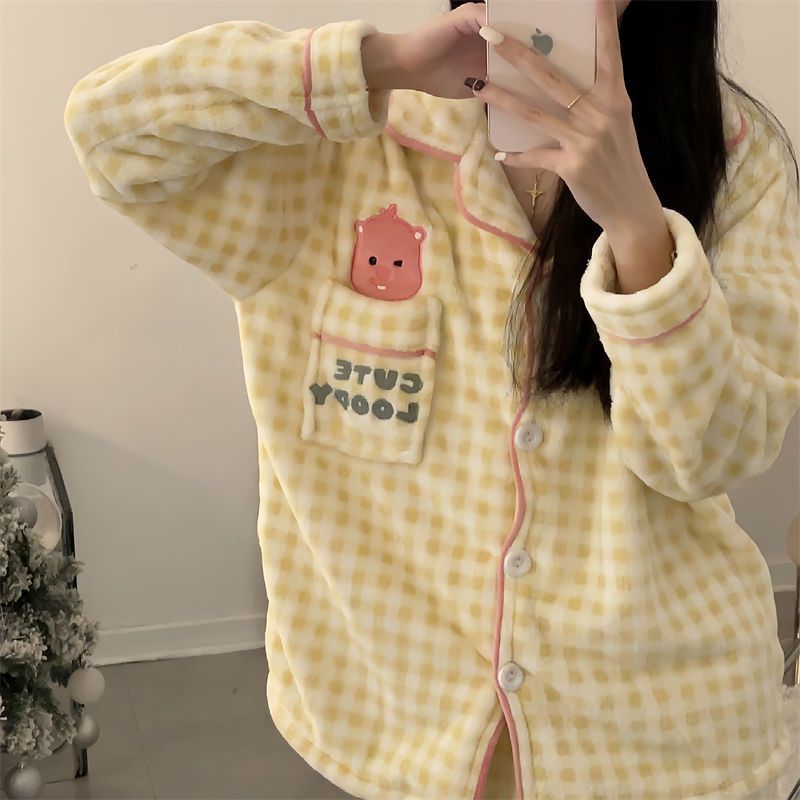 Fat mm plus size pajamas for women in autumn and winter thickened flannel new super cute loopy home wear set can be worn outside