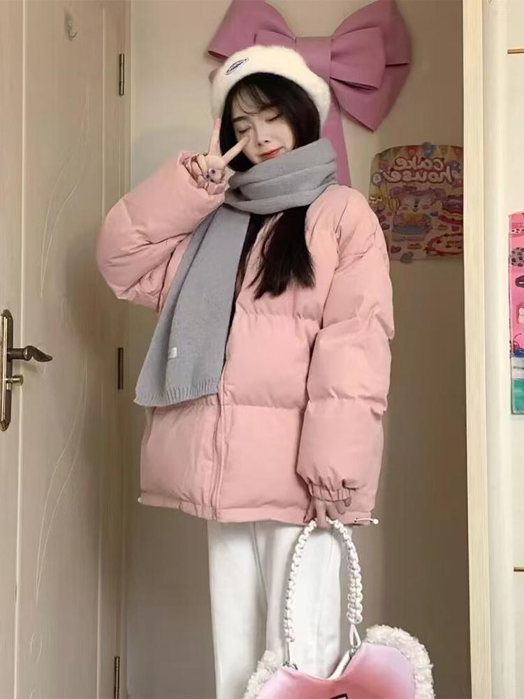 Korean version of thickened warm pink stand collar cotton coat for women 2023 winter new loose down cotton coat and jacket trendy