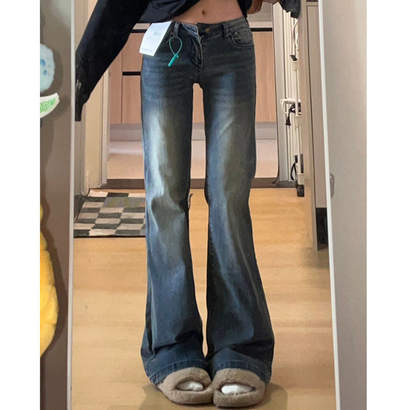 美式復古水泥灰微喇叭牛仔褲女小個子高腰直筒顯瘦拖地馬蹄長褲潮