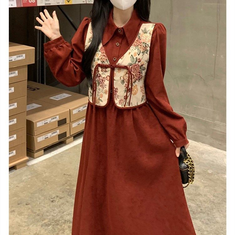 New Chinese-style Chinese-style women's winter suit, small, high-end wear, temperament shirt jumpsuit, fake two-piece skirt