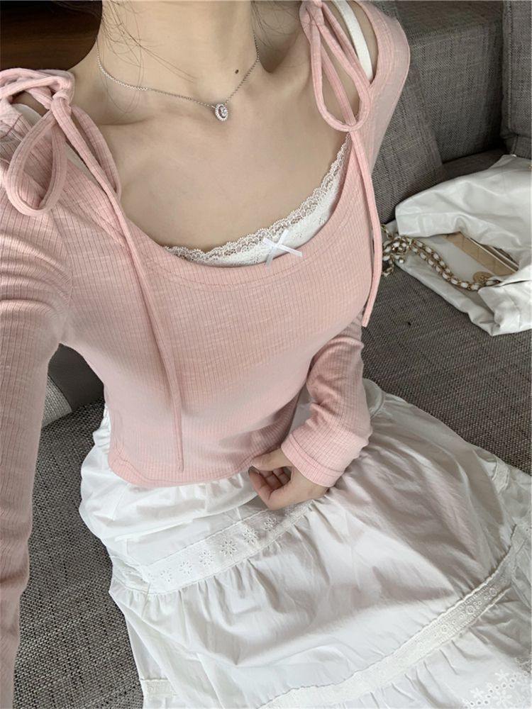 法式甜美芭蕾減齡顯瘦上衣女秋冬內搭打底衫新款又甜又辣長袖t恤