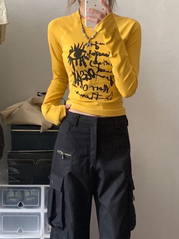 辣妹美式正肩長袖t恤女秋季多巴胺穿搭修身顯瘦短款內搭打底上衣