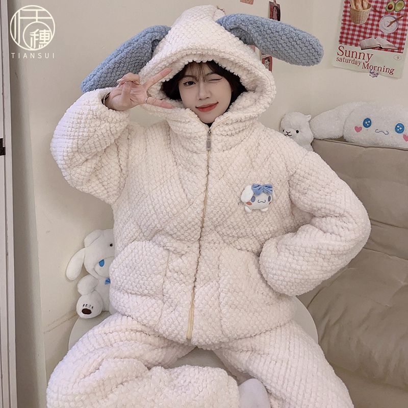 2023年新款冬季女士睡衣三層夾棉加厚保暖珊瑚絨可外穿家居服套裝