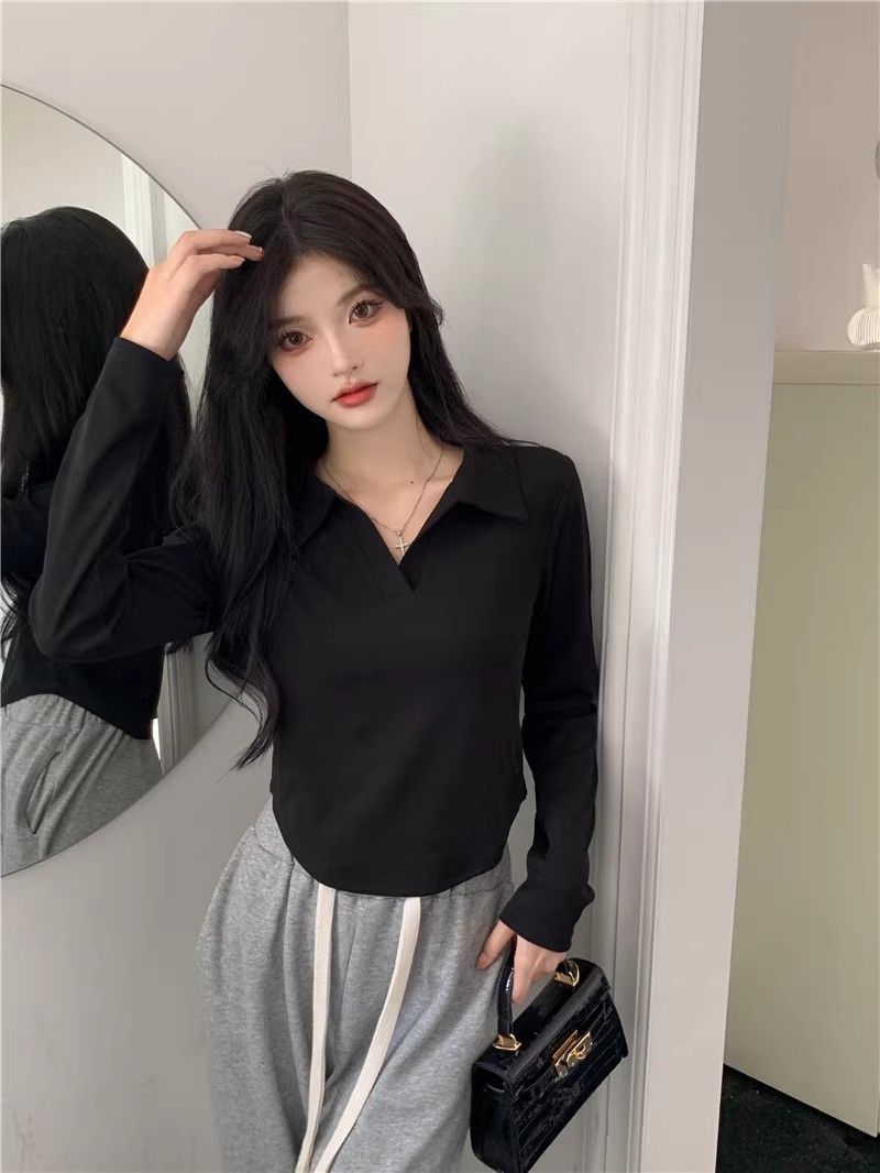 大碼胖妹妹純欲風polo領顯瘦長袖T恤時尚修身顯瘦短款純色上衣女
