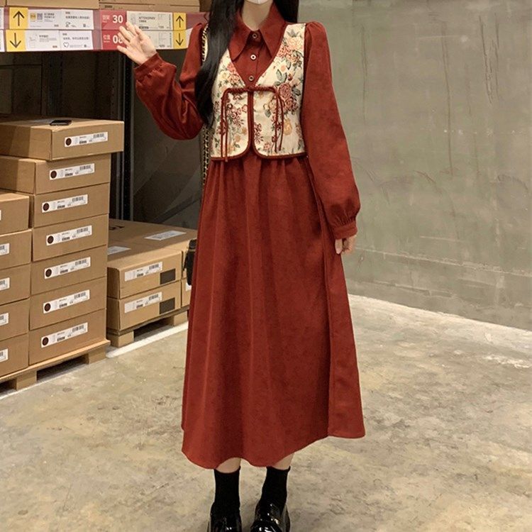 New Chinese-style Chinese-style women's winter suit, small, high-end wear, temperament shirt jumpsuit, fake two-piece skirt