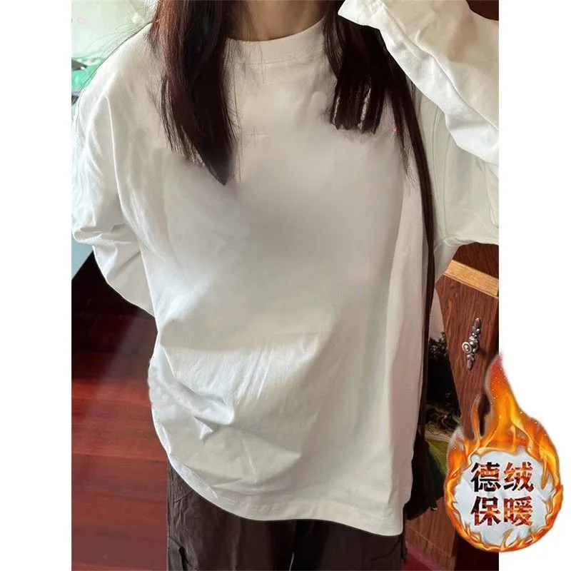 雙面德絨長袖t恤女百搭圓領打底衫秋冬加厚磨毛白色純色寬鬆T恤女