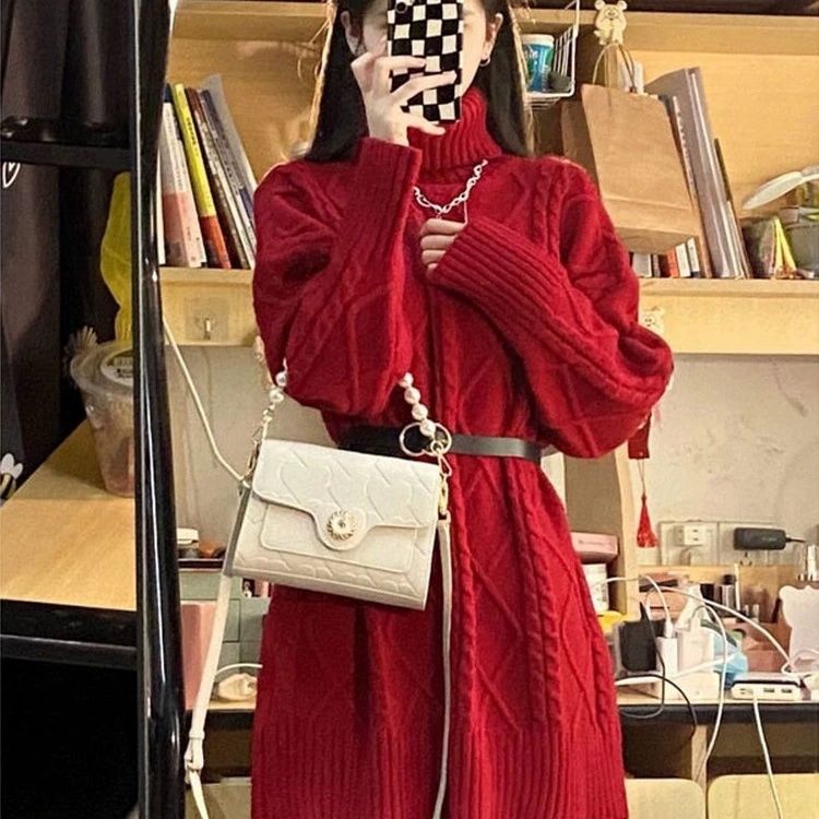 秋冬季寬鬆顯瘦慵懶風聖誕節紅色中長高領加厚毛衣連衣裙女高級感