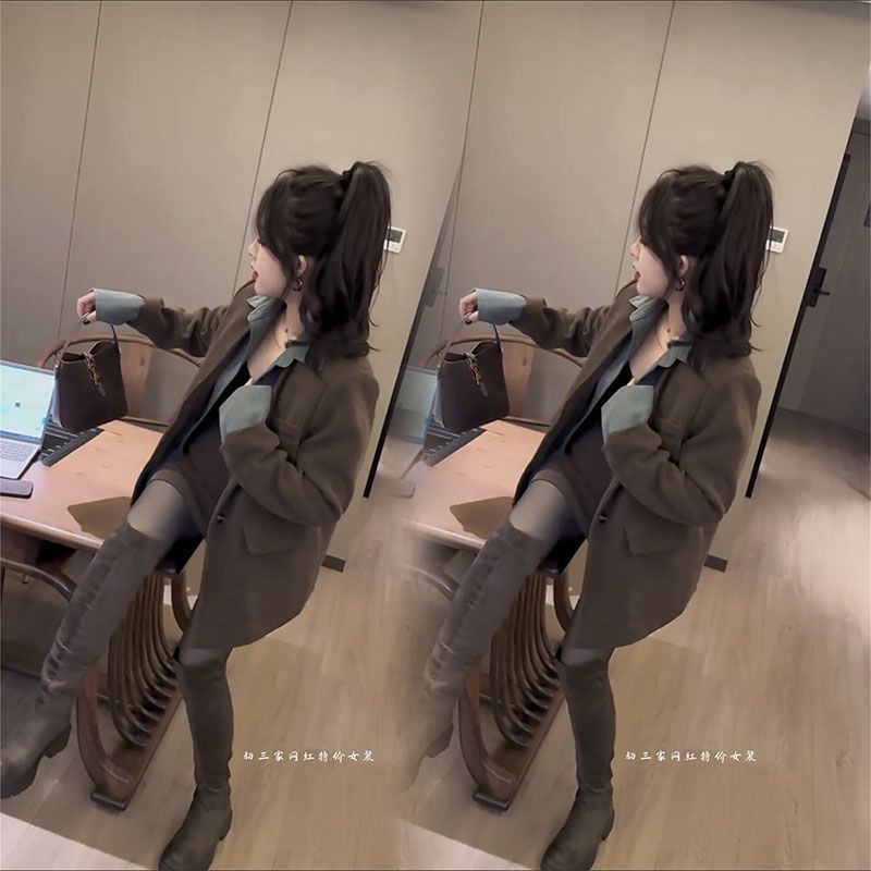 深冬裝搭配一整套今年流行漂亮黑色西裝鹽系輕熟兩件套裝女高級感