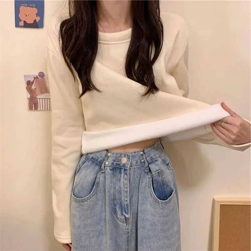 德絨圓領打底衫女內搭2024新款冬季加絨加厚純色保暖洋氣長袖上衣