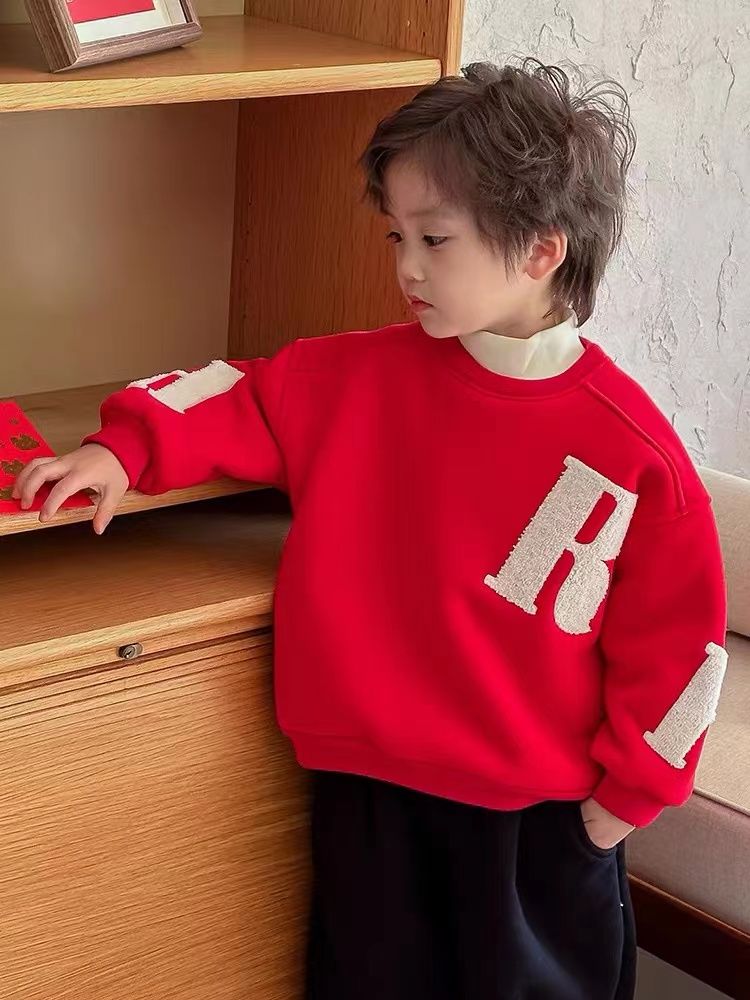 男童紅色加絨過年服套裝冬季新品男孩拜年外套衛衣兒童寶寶運動褲