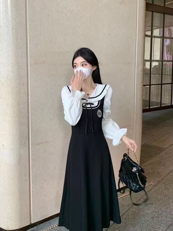 大碼胖mm溫柔甜美假兩件學院風連衣裙女秋季新款遮肚顯瘦長袖裙子