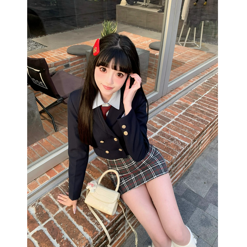 三件套女2023秋冬新款韓系學院風短款西裝外套襯衫高腰格紋半身裙