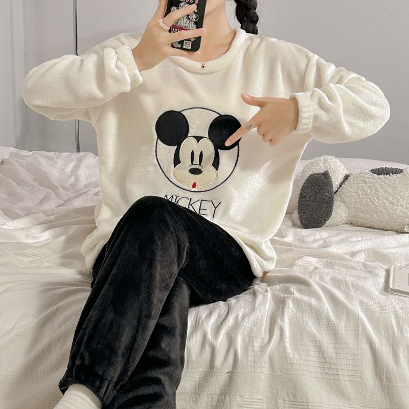 Coral Fleece Pajamas for Women Autumn and Winter Thickened and Velvet Student Long Sleeve Round Neck Cartoon Flannel Home Clothes Set