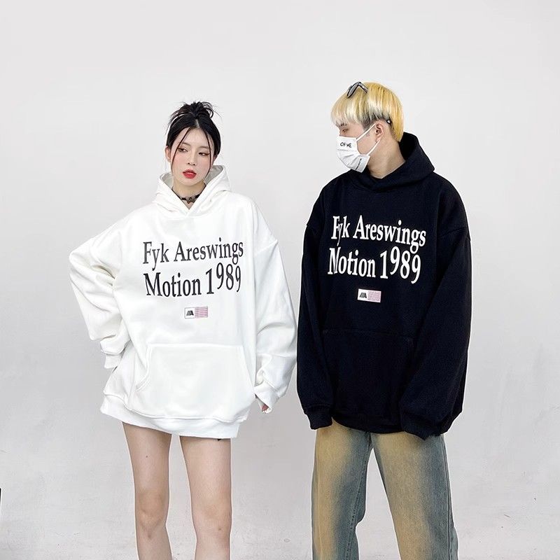 National trend American retro letter printing plus velvet thickened hooded sweatshirt for men and women autumn and winter heavy cotton couple tops
