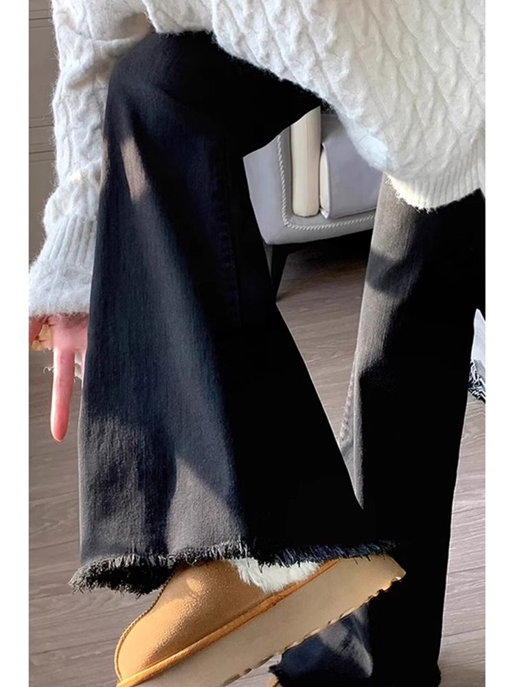 黑色毛邊微喇牛仔褲女冬季新款高腰彈力修身顯瘦百搭直筒喇叭褲子