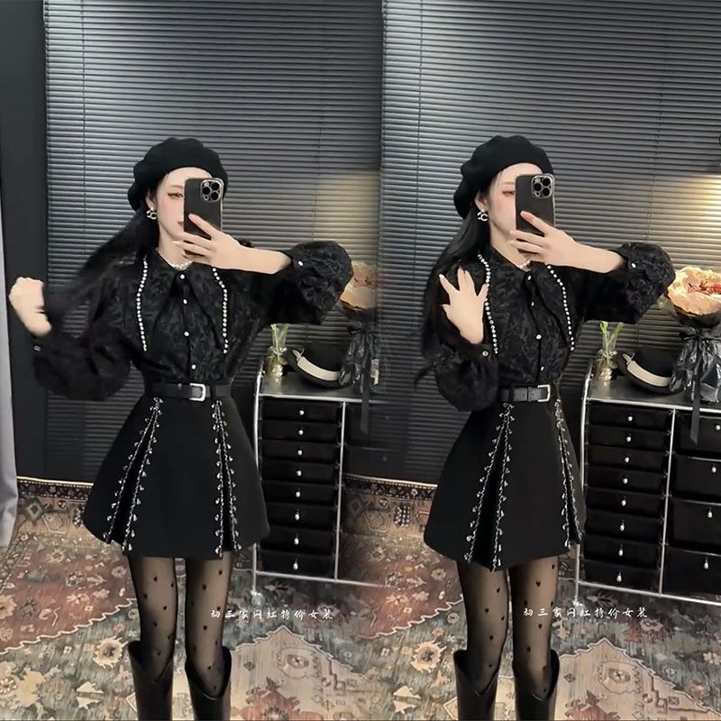 歐貨春秋新款時尚套裝壓褶長袖設計感重工襯衫高端百褶A字短裙女