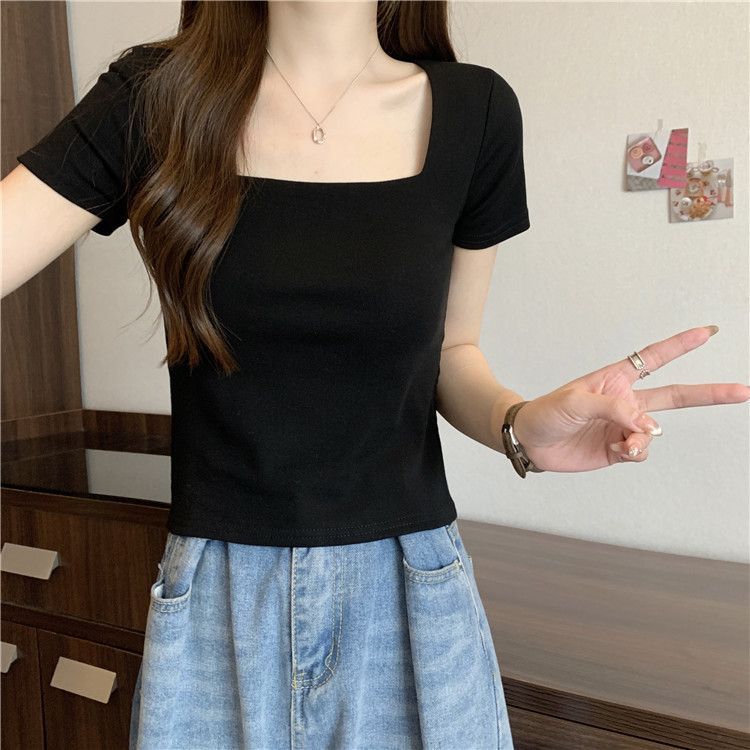 大碼胖mm方領正肩短袖t恤女夏季辣妹時尚顯瘦遮肚子短款鎖骨上衣