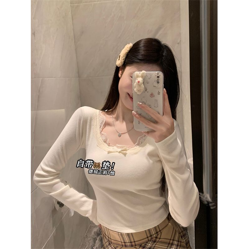 德絨純欲蕾絲帶胸墊長袖T恤女秋冬韓版緊身顯瘦內搭打底短款上衣