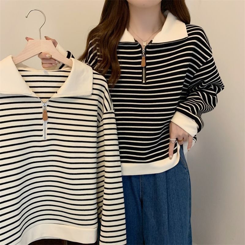 2024 new autumn striped polo collar half-zip sweatshirt for women autumn and winter Korean loose casual student tops