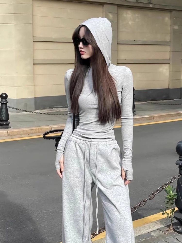 修身顯瘦正肩連帽t恤女秋冬季顯瘦氣質內搭打底衫百搭套頭上衣潮