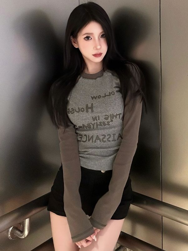 美式復古插肩長袖t恤女春秋設計感小眾甜辣妹修身顯瘦打底衫上衣