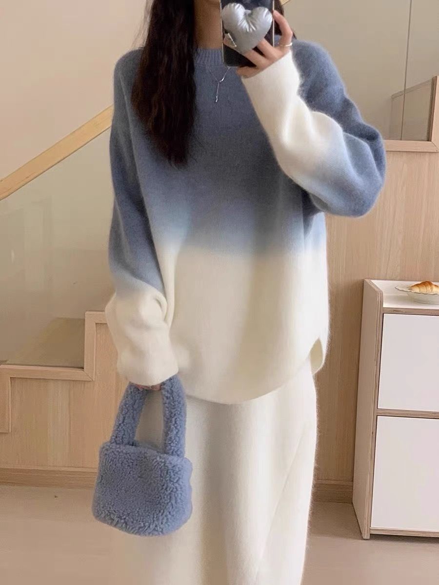 漸變色慵懶寬鬆針織衫秋冬氣質休閒內搭圓領套頭毛衣長袖打底衫女