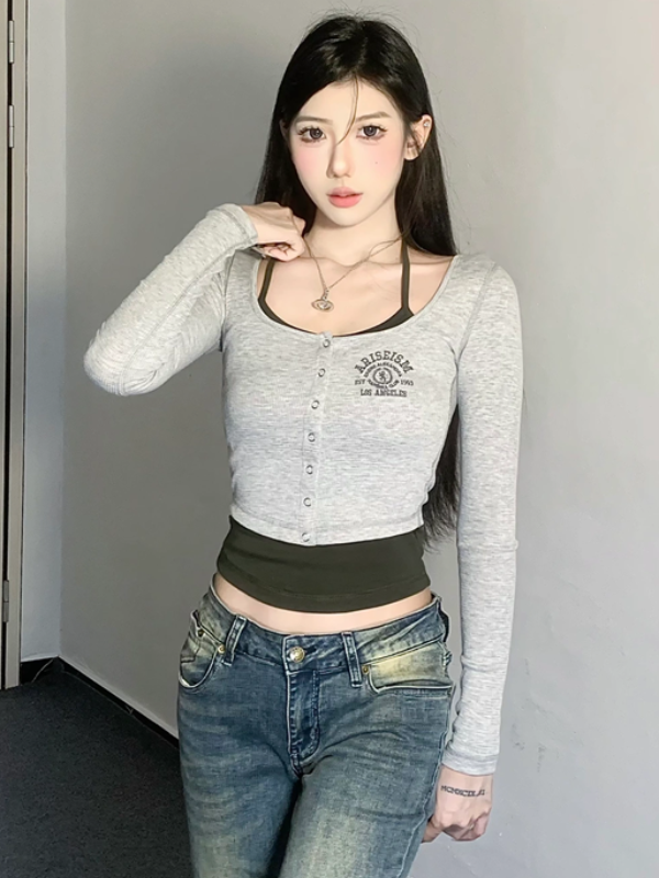 美式復古掛脖設計感假兩件長袖T恤女秋修身顯瘦短款打底露臍上衣