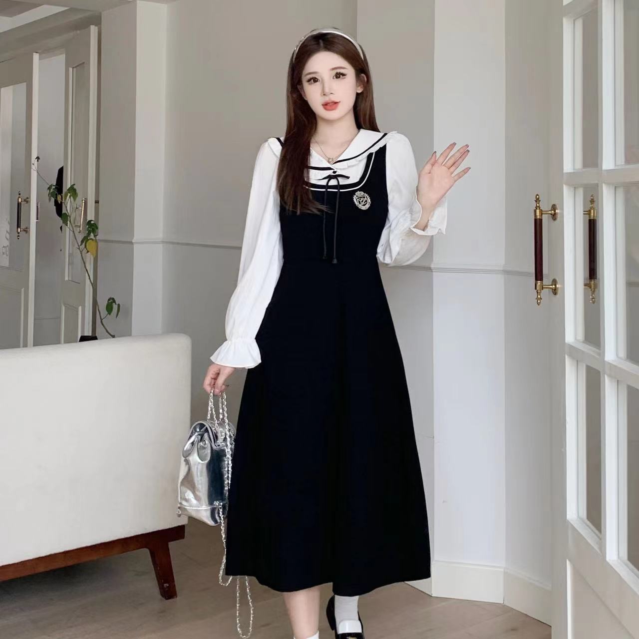 學院風連衣裙女春秋季新款大碼女裝甜美時尚撞色顯瘦假兩件長裙