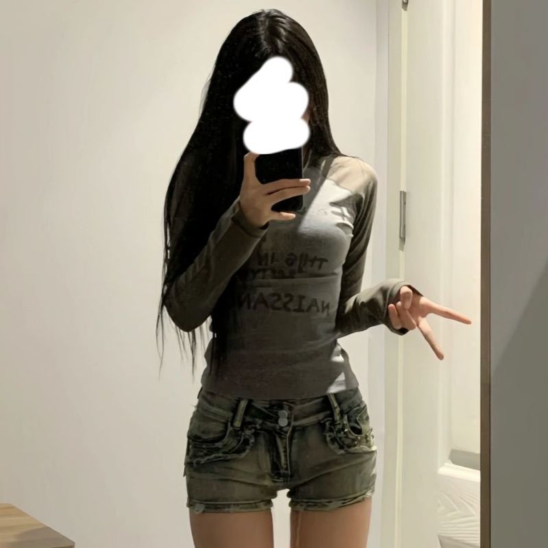 美式復古塗鴉撞色插肩長袖t恤女春秋新款甜辣妹修身顯瘦小眾上衣