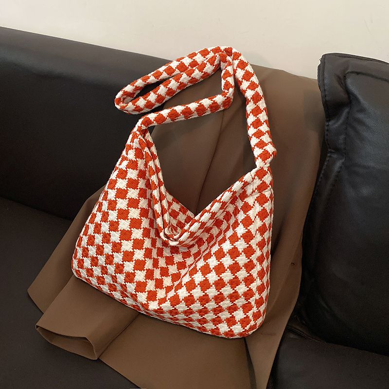 Lazy style woolen tote bag for women 2023 new trendy autumn and winter style plaid bag large capacity versatile crossbody bag