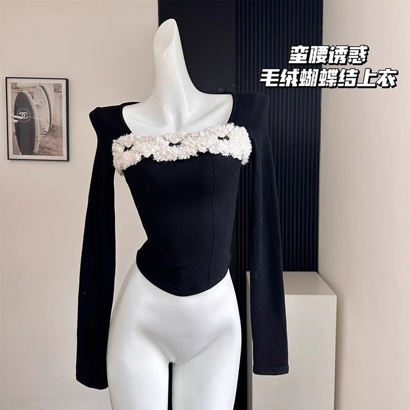 純欲風方領毛毛拼接長袖T恤女裝秋冬季辣妹修身不規則打底衫上衣