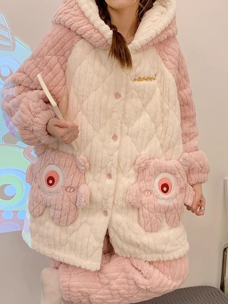 三層夾棉襖睡衣女秋冬季新款珊瑚絨加厚套裝法蘭絨可愛卡通家居服