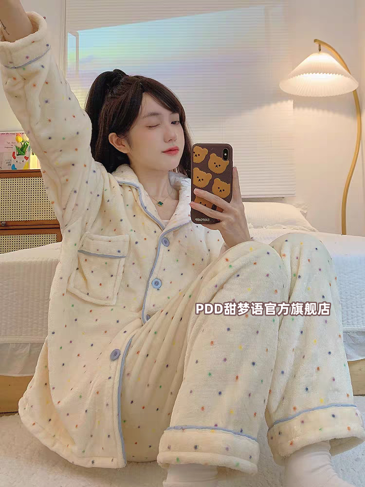 Japanese ins pajamas for women in autumn and winter thickened flannel warm coral velvet sweet girly style home wear set