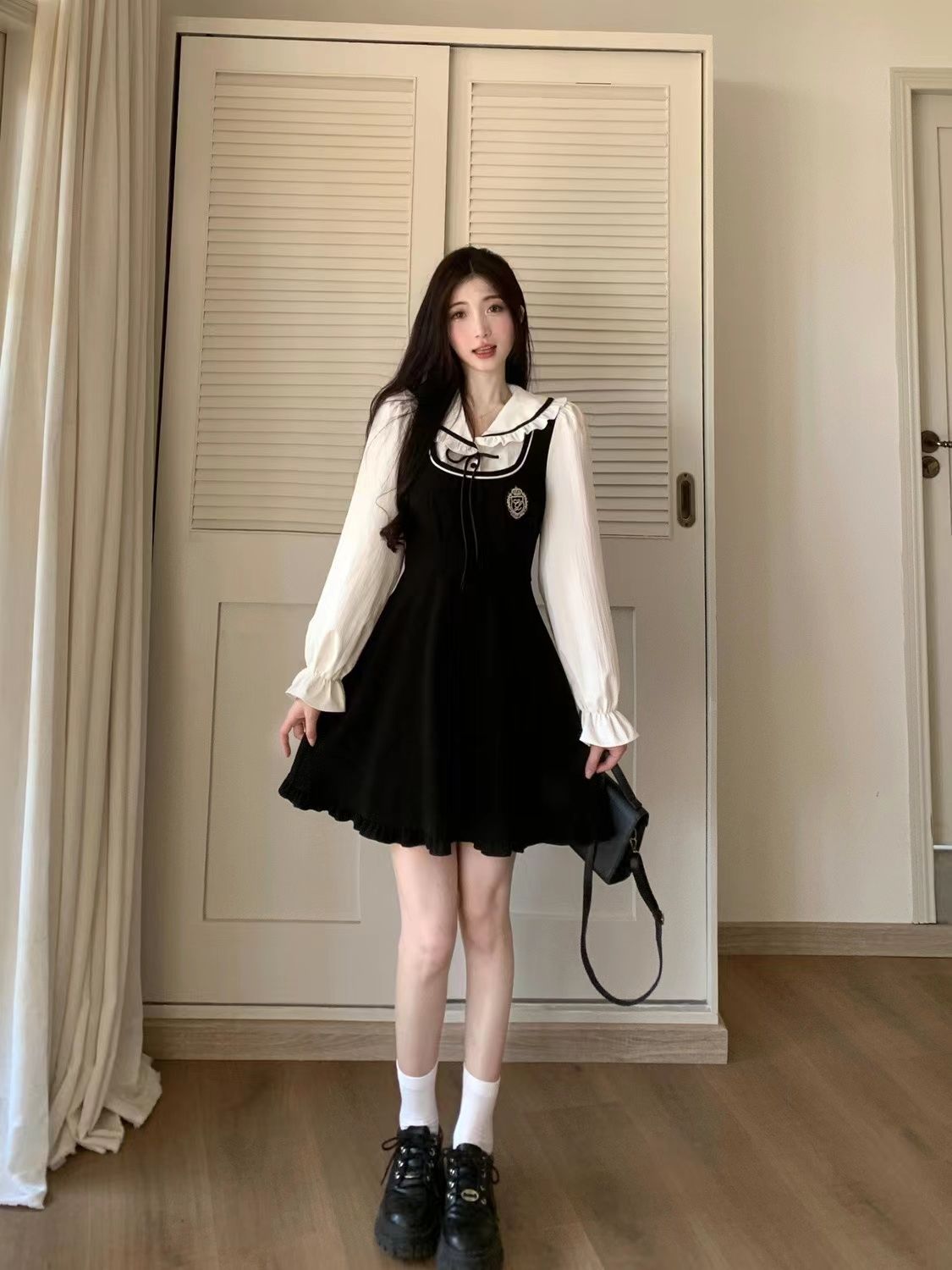 大碼女裝胖MM韓版假兩件學院風連衣裙女秋季新款遮肚顯瘦長袖裙子