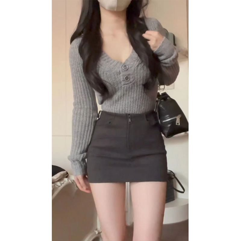 套裝女2023秋冬新款純欲風v領長袖毛衣針織上衣高腰顯瘦半身裙潮