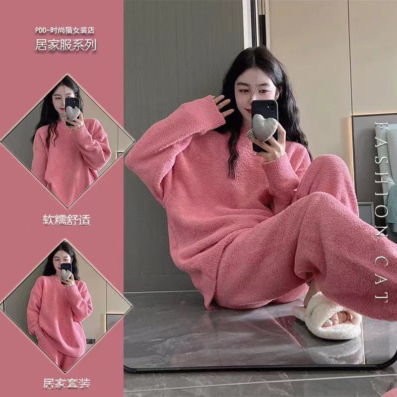 韓版高級珊瑚絨長袖睡衣女秋冬季新款加厚絨保暖家居服套裝可外穿