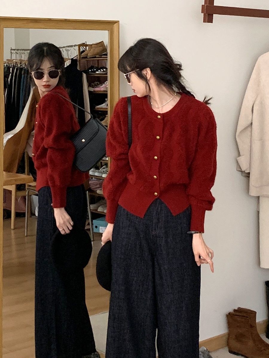小香風短款紅色針織開衫毛衣外套女秋冬2023新款慵懶高級感上衣潮