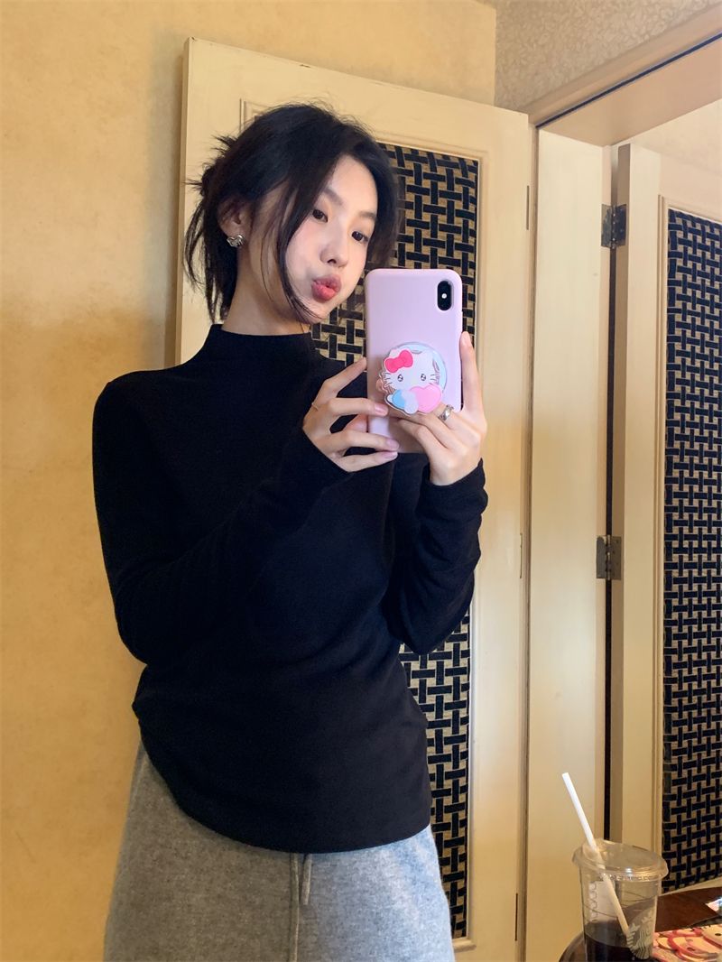 雙面徳絨半高領打底衫女秋冬堆堆領上衣長袖內搭磨毛t恤洋氣新款