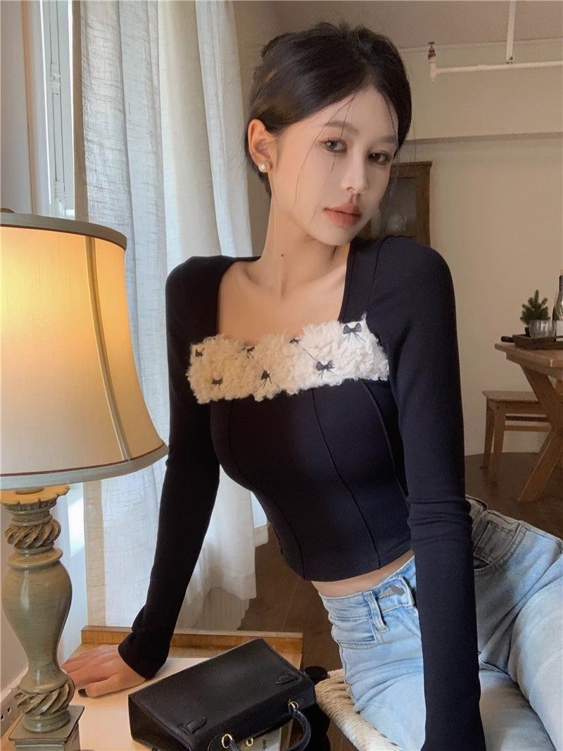 德絨方領毛毛拼接長袖t恤女秋冬季辣妹收腰顯瘦內搭上衣打底衫潮