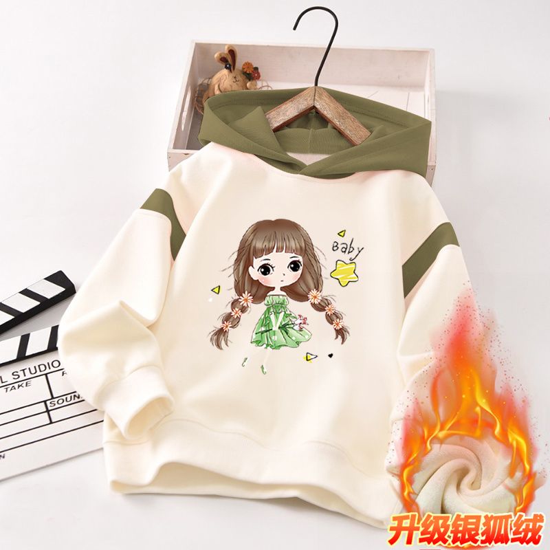 New winter style plus velvet hooded fashionable medium and large children's casual loose girl's color matching sweatshirt trendy long sleeves