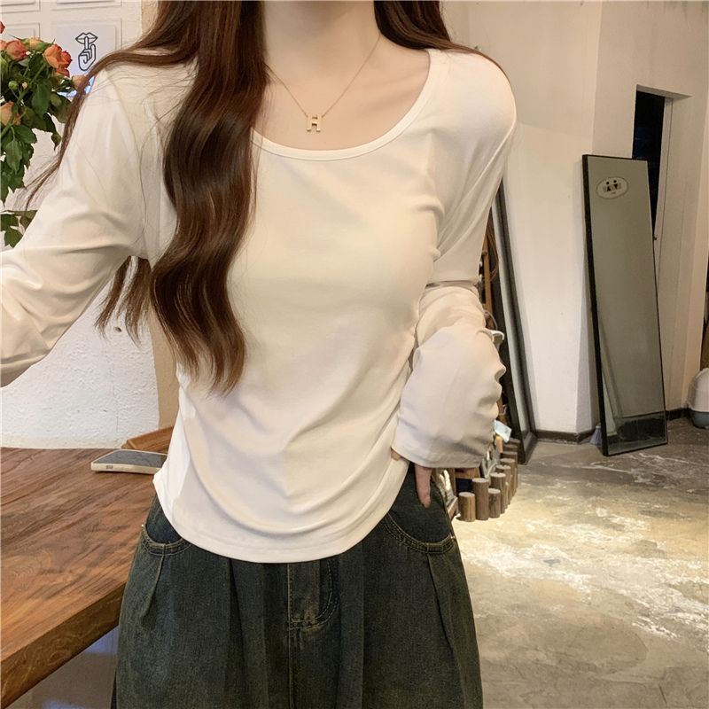 純欲風辣妹u領長袖t恤女秋冬高腰露臍白色內搭打底衫修身短款上衣